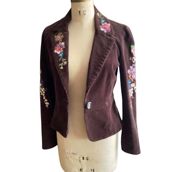 Y2K corduroy floral embroidered dark brown True Meaning blazer jacket - Picture 4 of 16